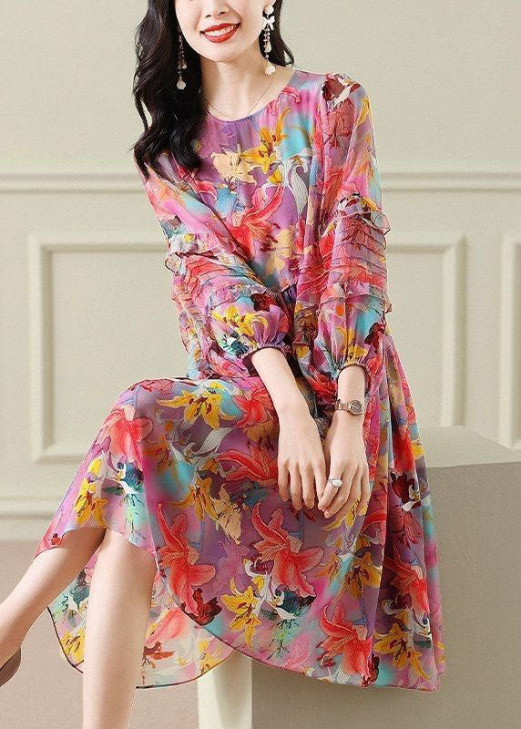 O Neck Wrinkled Patchwork Chiffon Long Dress Summer