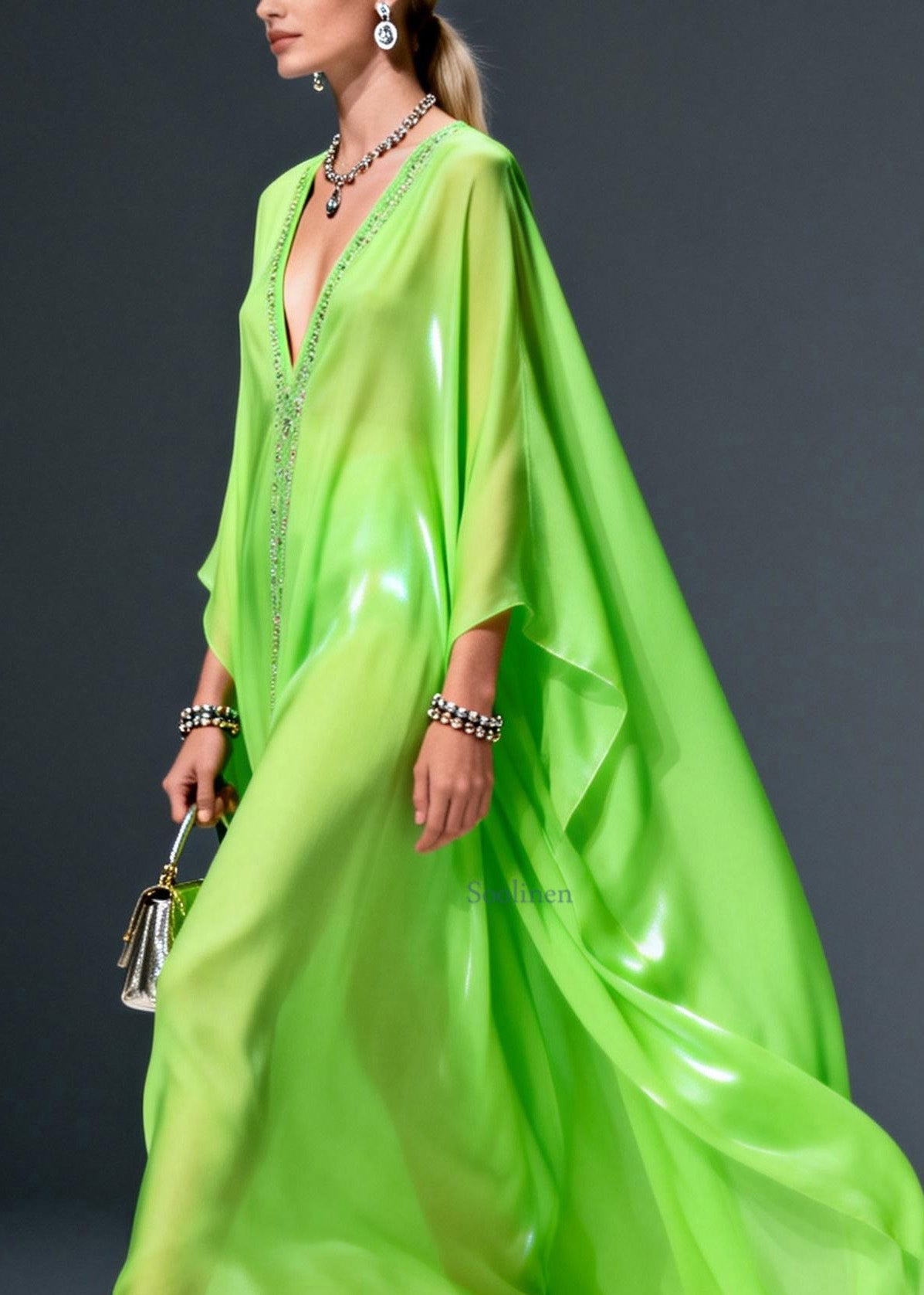 Fluorescent Green V Neck Zircon Chiffon Long Dress Spring
