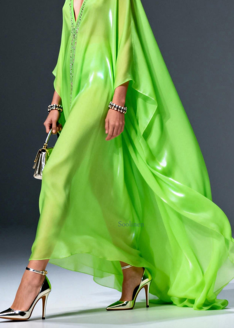 Fluorescent Green V Neck Zircon Chiffon Long Dress Spring