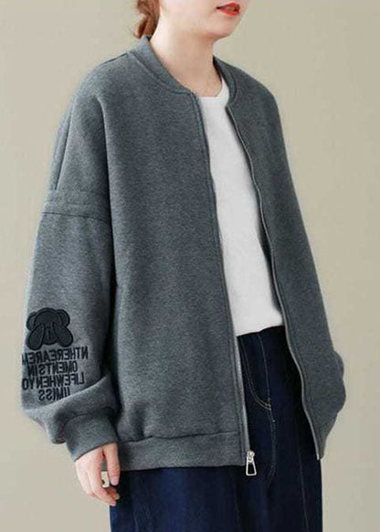 French Grey Zip Up Loose Jacket Spring