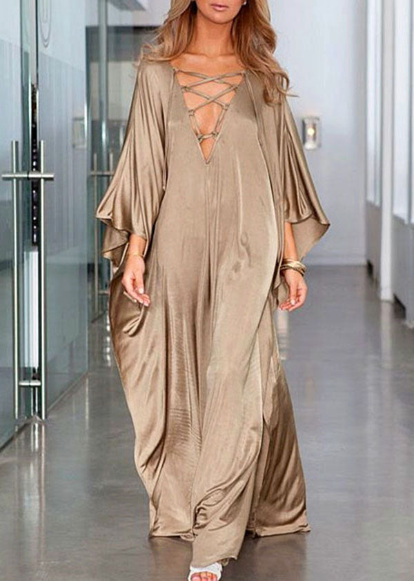Gold Frenulum Chiffon Batwing Sleeve Kimono Robe Summer Maxi Dress