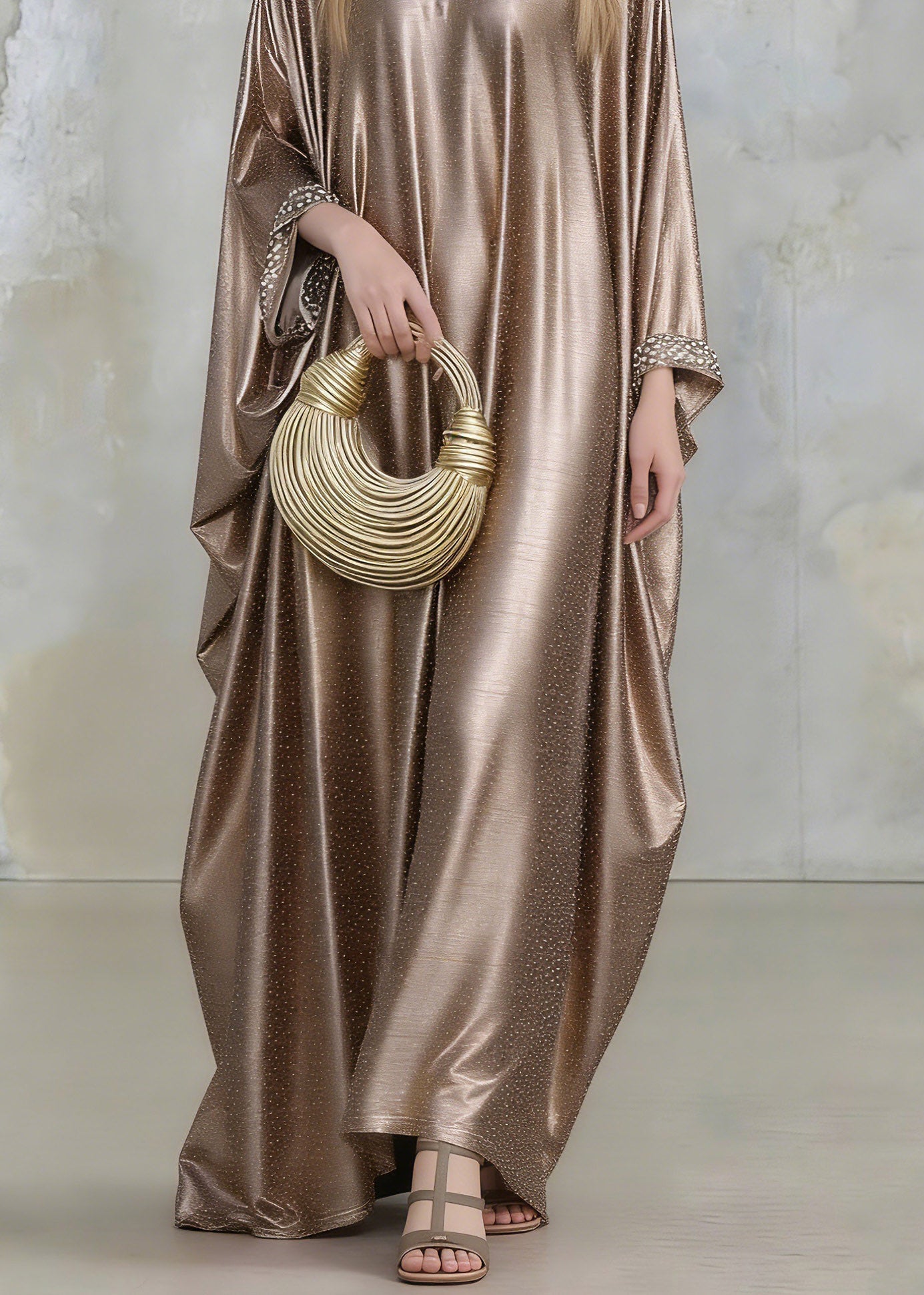 Gold Silk Maxi Dresses Flare Sleeve