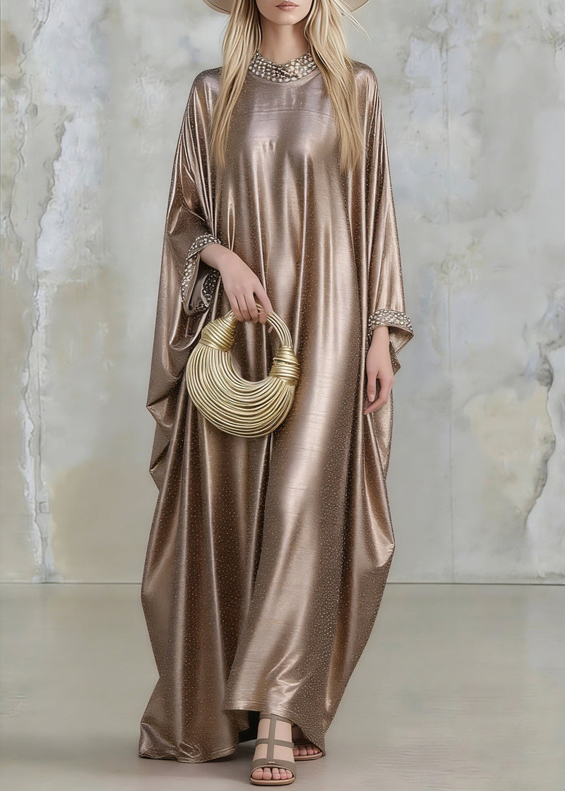 Gold Silk Maxi Dresses Flare Sleeve