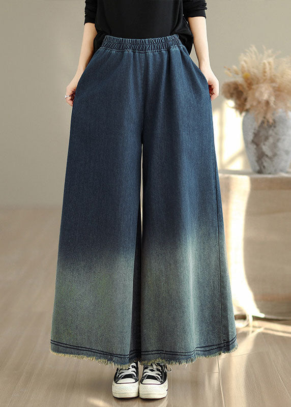 Gradient Blue Pockets Denim Wide Leg Pants Spring