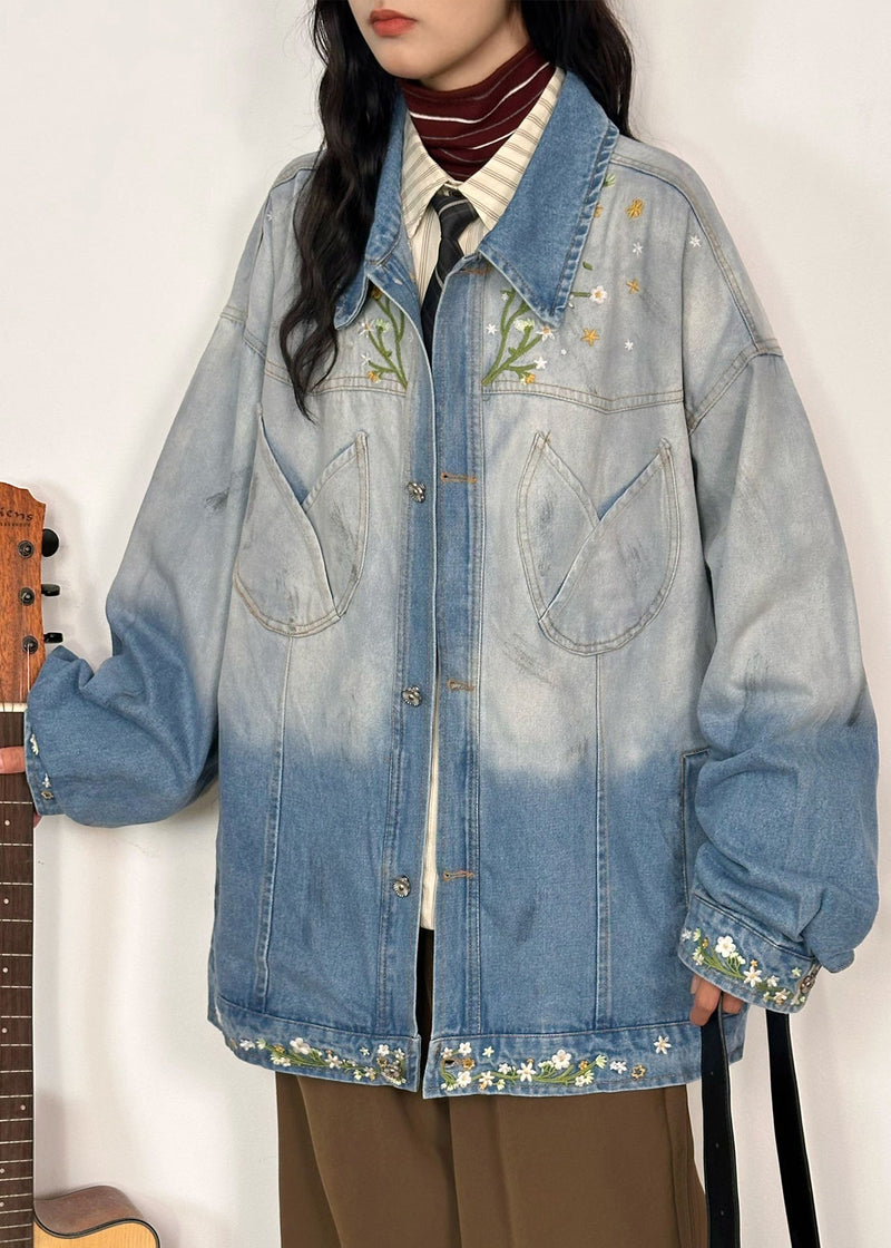 Gradient Color Embroidered Pockets Denim Coats Spring