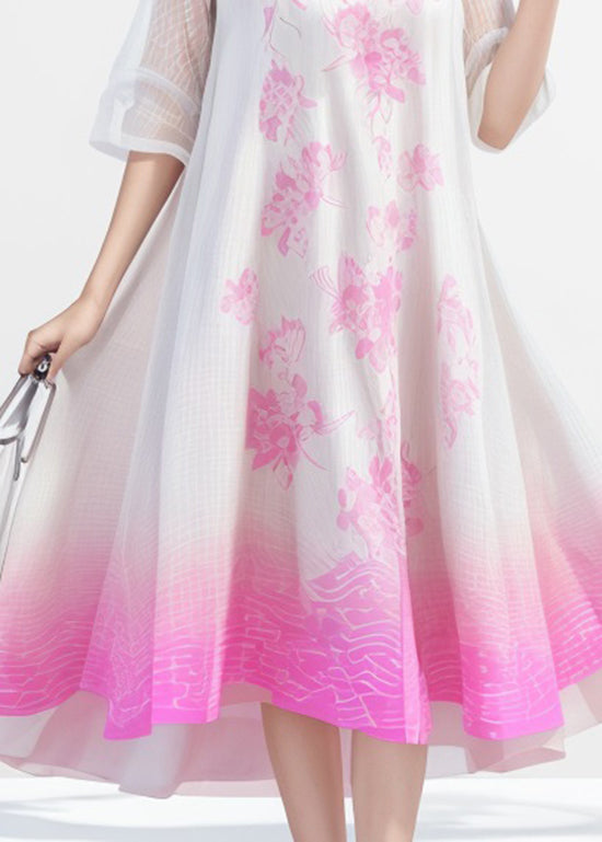 Gradient Color O Neck Print Silk Dress Summer