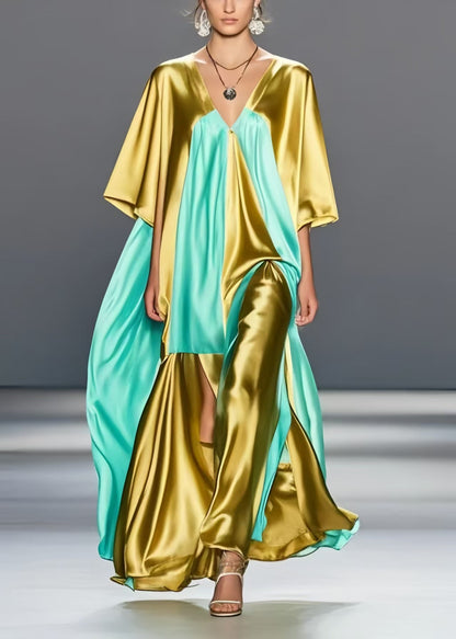 Grass Green Asymmetrical Patchwork Silk Maxi Dresses Summer