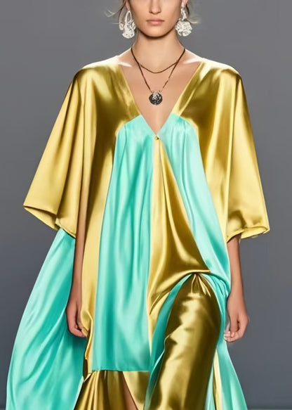 Grass Green Asymmetrical Patchwork Silk Maxi Dresses Summer