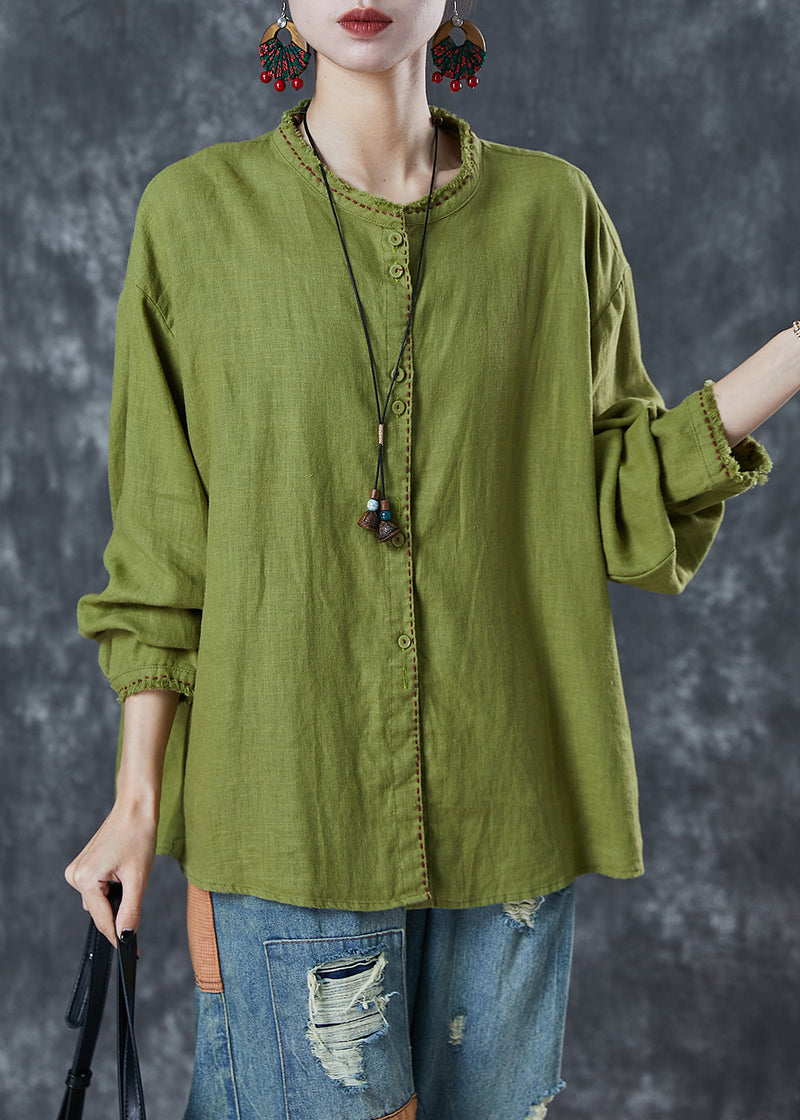 Grass Green Embroidered Linen Blouses Spring
