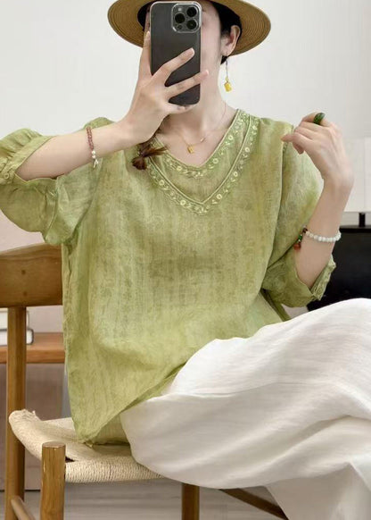 Grass Green Embroidered Linen Top Half Sleeve