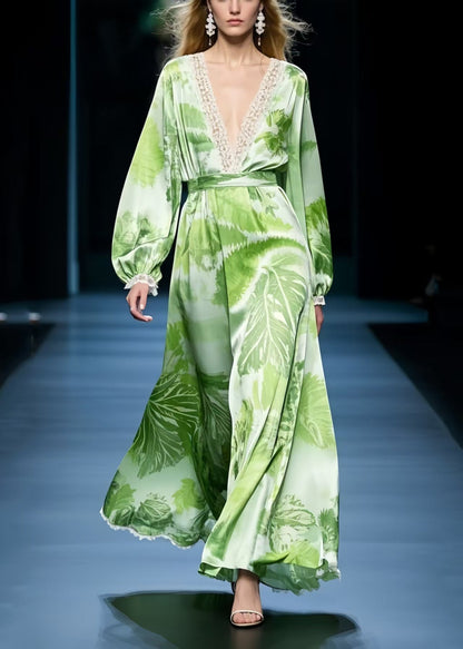 Grass Green Print Draping Chiffon Maxi Dresses Spring