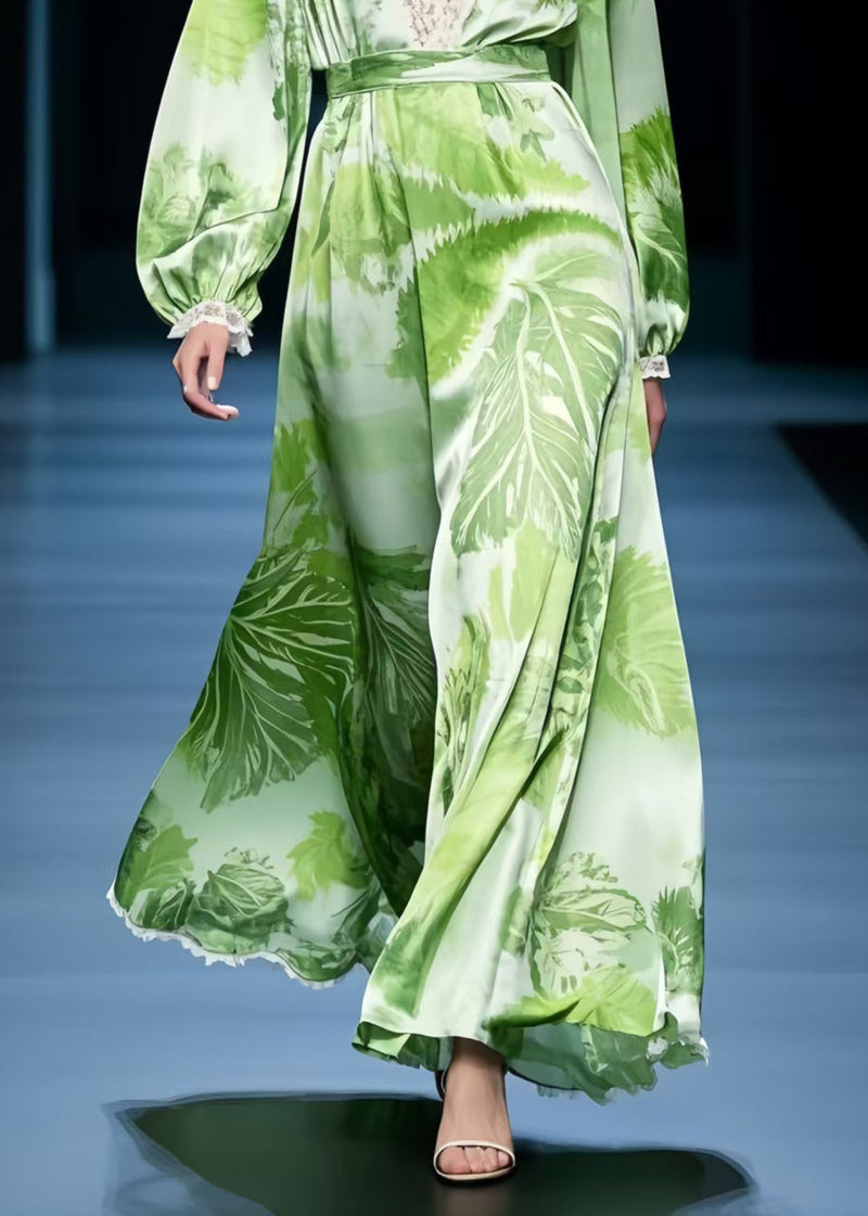 Grass Green Print Draping Chiffon Maxi Dresses Spring