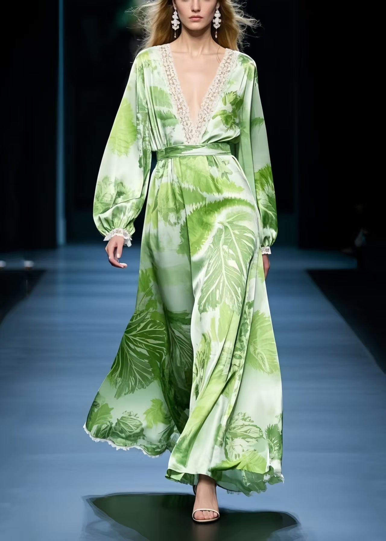 Grass Green Print Draping Chiffon Maxi Dresses Spring