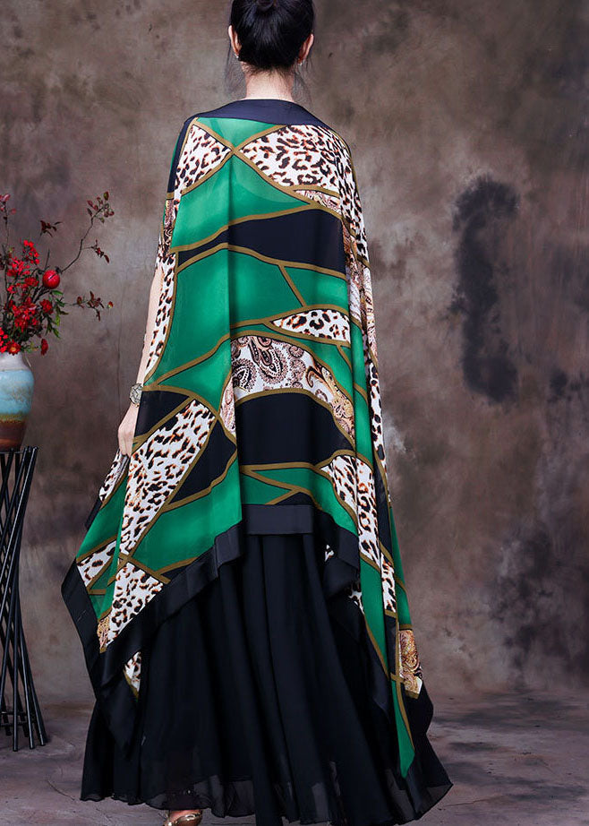 Green Asymmetrical Design Leopard Print Silk Shawl Tops Short Sleeve