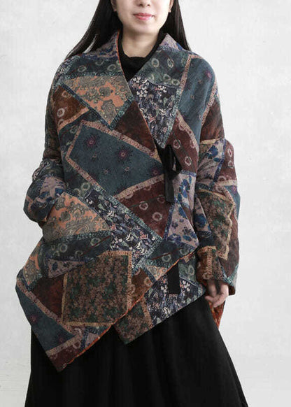 Green Asymmetrical Design Print Fine Cotton Filled Coats Winter