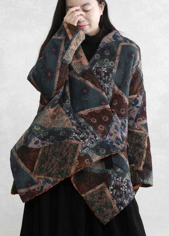 Green Asymmetrical Design Print Fine Cotton Filled Coats Winter