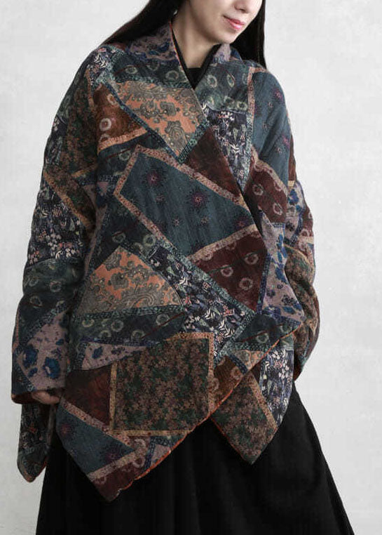 Green Asymmetrical Design Print Fine Cotton Filled Coats Winter
