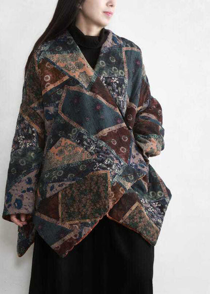 Green Asymmetrical Design Print Fine Cotton Filled Coats Winter