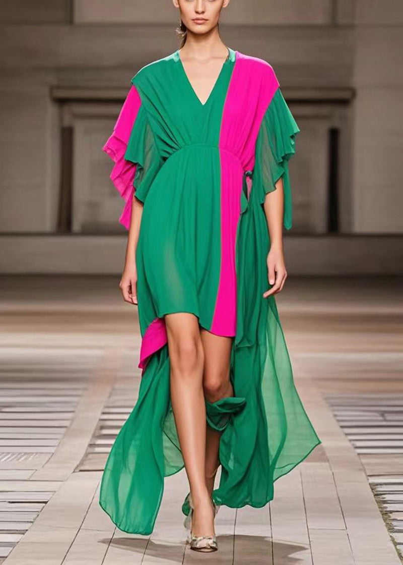 Green Asymmetrical Patchwork Chiffon Ankle Dress Summer