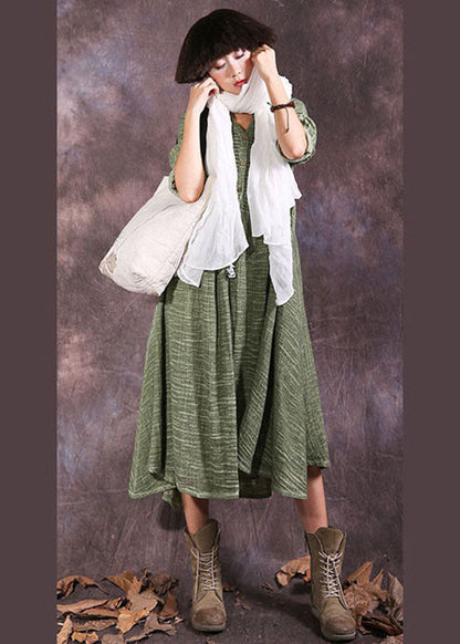 Green Button Patchwork Cotton Dress Spring