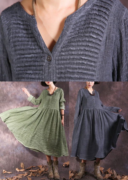 Green Button Patchwork Cotton Dress Spring