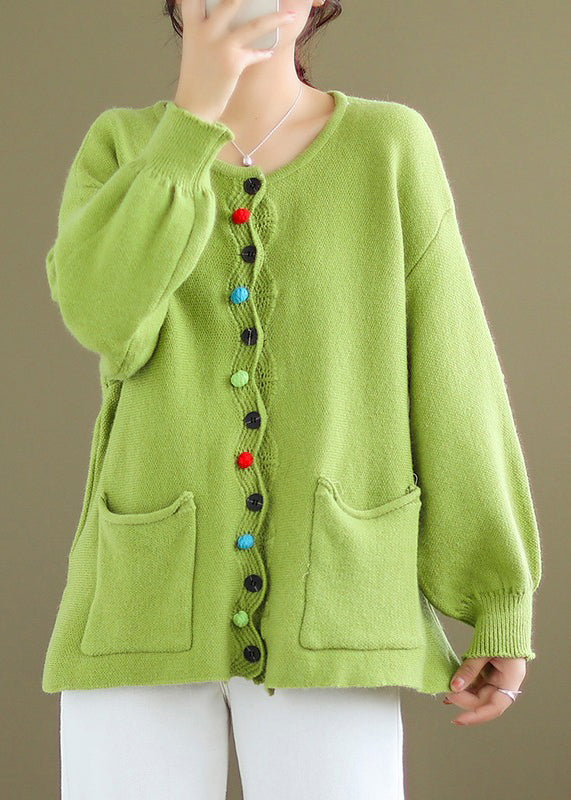 Green Button Pockets Knit Coat Long Sleeve