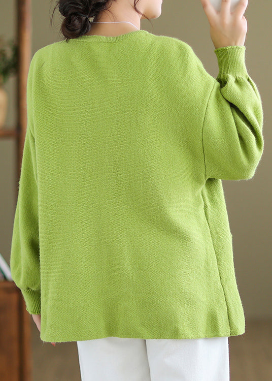 Green Button Pockets Knit Coat Long Sleeve