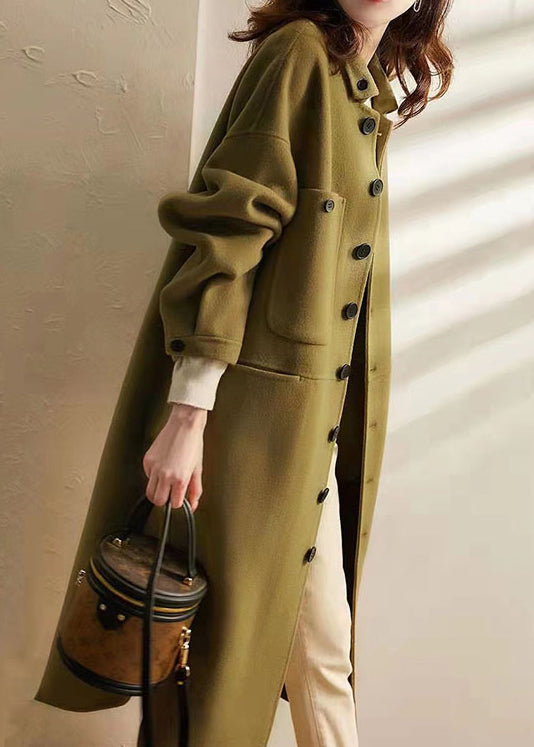 Green Button Pockets Patchwork Woolen Long Coat Fall