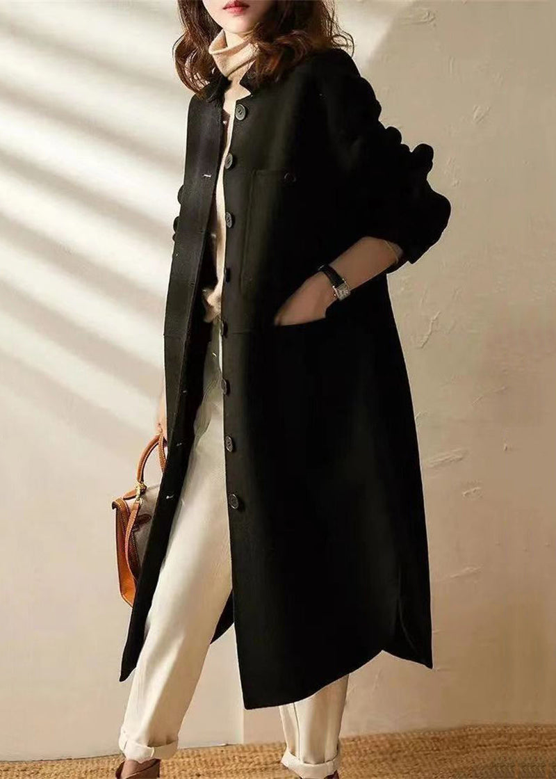 Green Button Pockets Patchwork Woolen Long Coat Fall