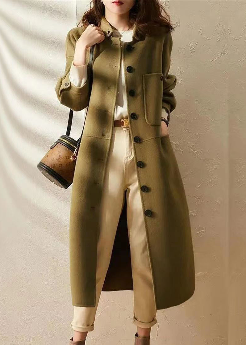 Green Button Pockets Patchwork Woolen Long Coat Fall