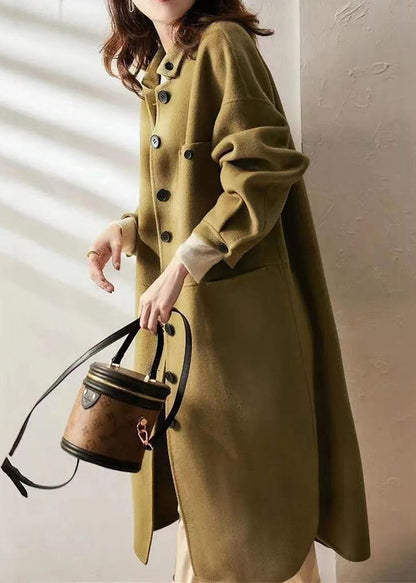Green Button Pockets Patchwork Woolen Long Coat Fall