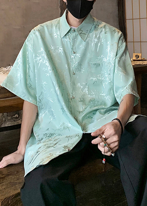 Green Button Print Ice Silk Shirts Short Sleeve