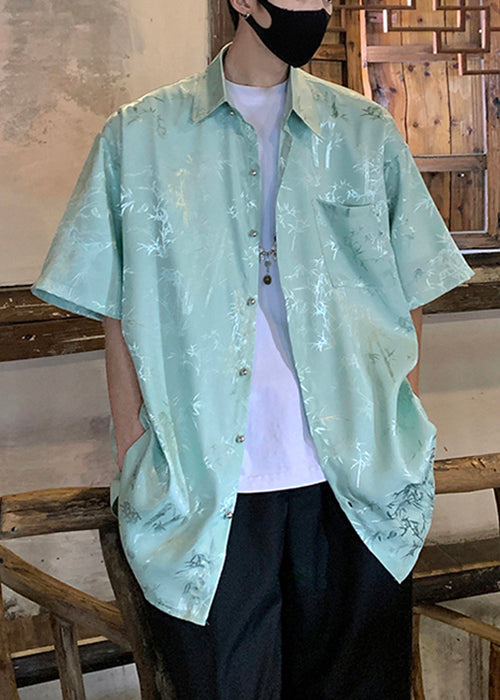 Green Button Print Ice Silk Shirts Short Sleeve
