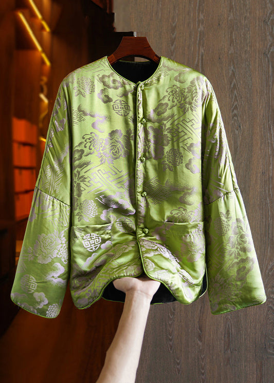 Green Button Print Pockets Silk Parka Long Sleeve