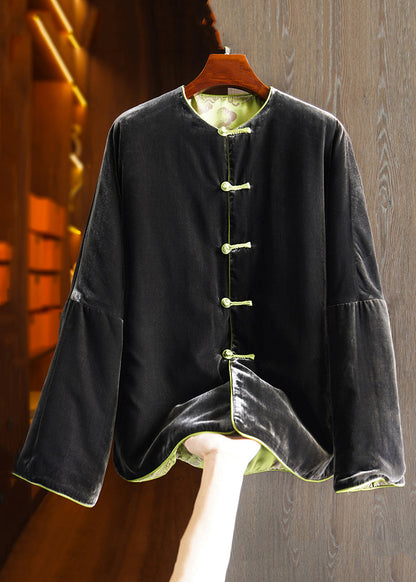 Green Button Print Pockets Silk Parka Long Sleeve