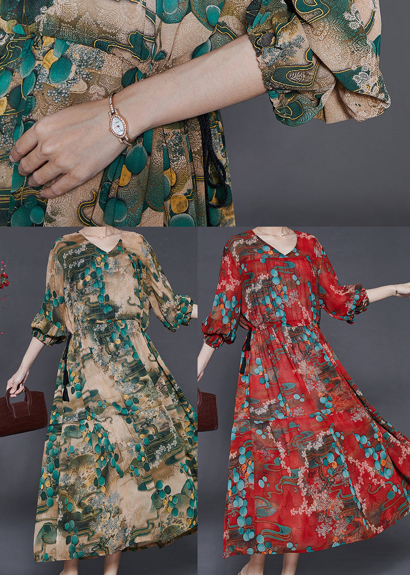 Green Cinched Print Chiffon Long Dress Fall