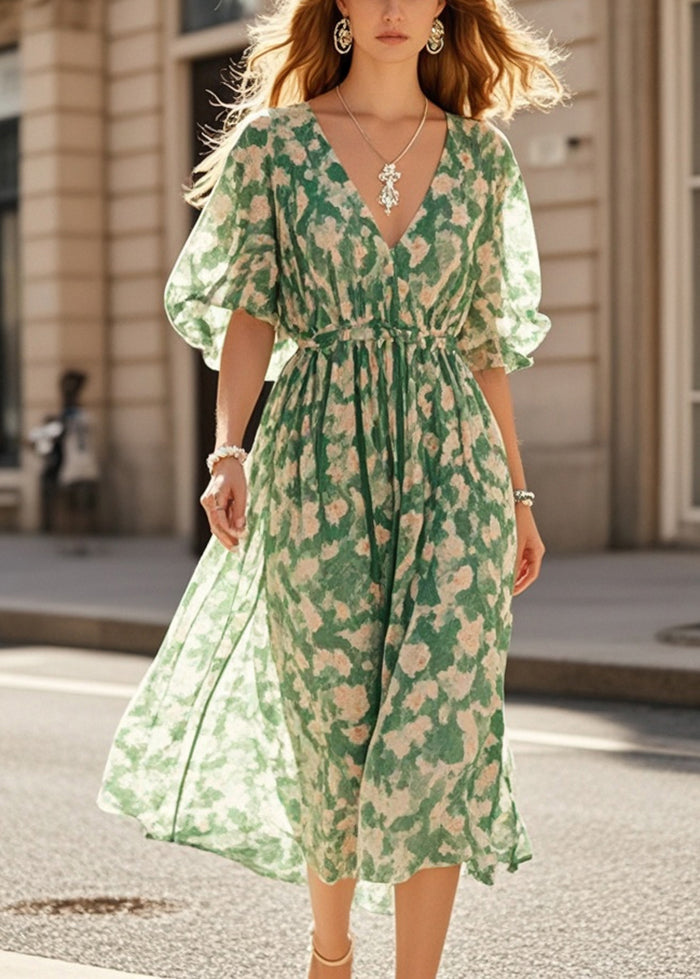 Green Cinched Print Chiffon Robe Dresses Summer