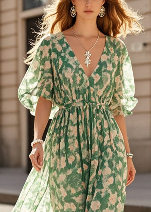 Green Cinched Print Chiffon Robe Dresses Summer