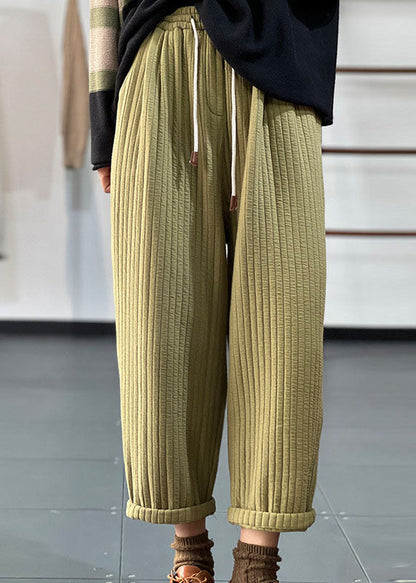 Green Elastic Waist Drawstring Striped Fine Cotton Filled Pants Winter