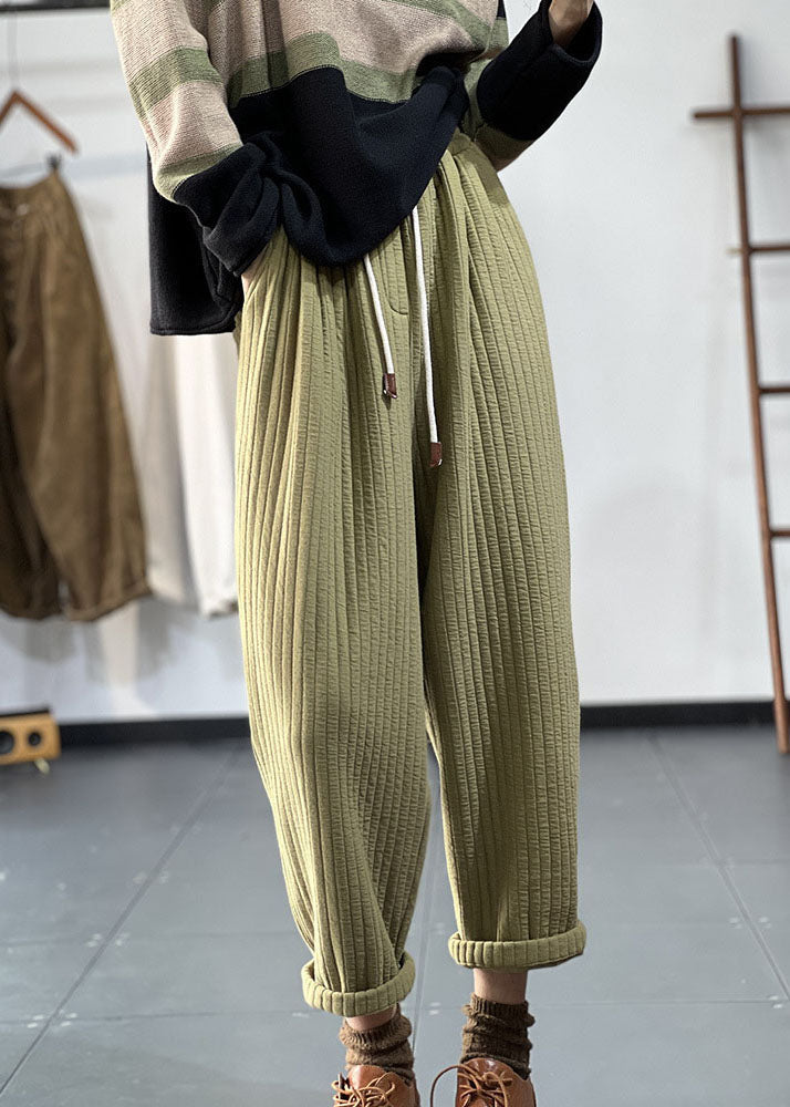 Green Elastic Waist Drawstring Striped Fine Cotton Filled Pants Winter