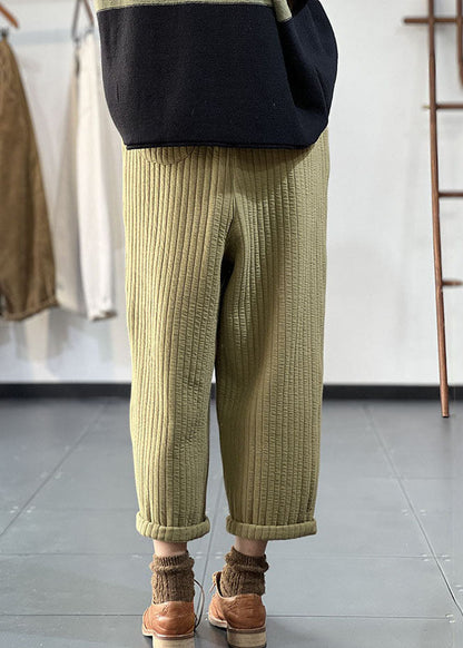 Green Elastic Waist Drawstring Striped Fine Cotton Filled Pants Winter