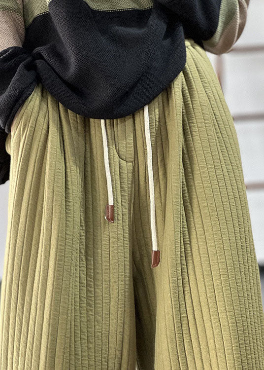 Green Elastic Waist Drawstring Striped Fine Cotton Filled Pants Winter