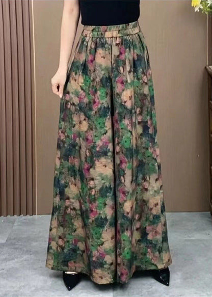 Green Elastic Waist Print Ice Silk Wide Leg Pants