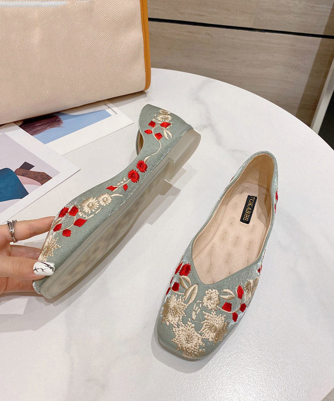 Green Embroider Flower Cotton Fabric Flat Feet Shoes