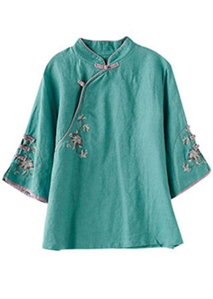 Green Embroideried Button Tops Half Sleeve
