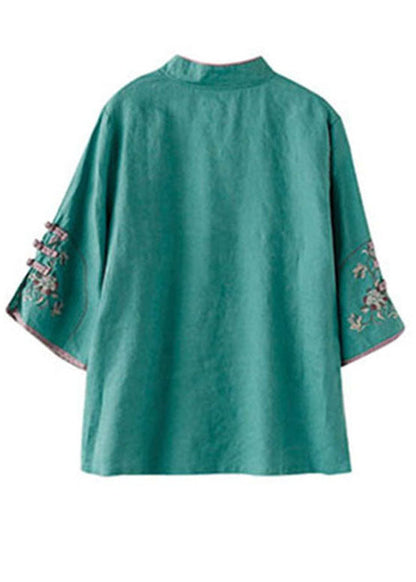 Green Embroideried Button Tops Half Sleeve