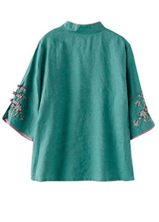 Green Embroideried Button Tops Half Sleeve