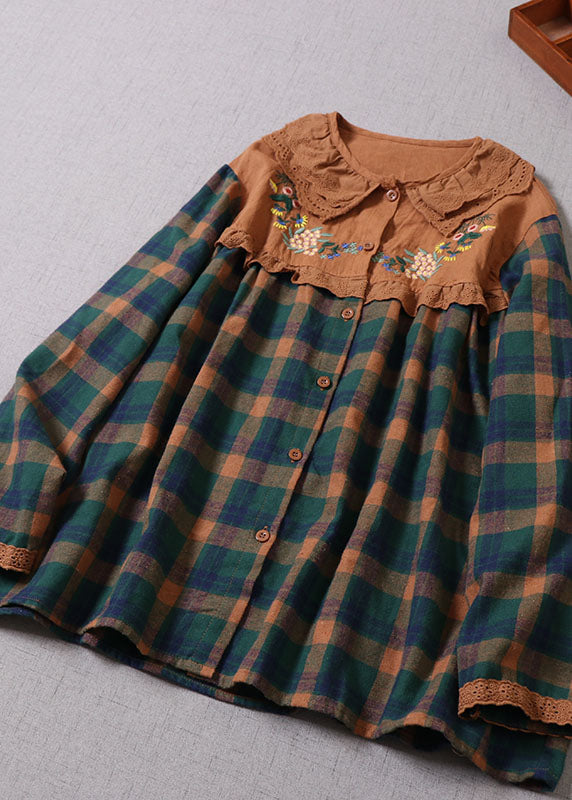 Green Embroideried Plaid Cotton Shirt Top Spring