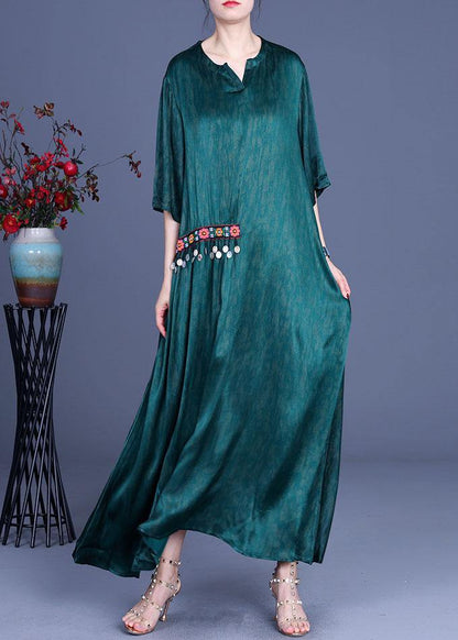 Green Embroidery Summer Silk Long Dress