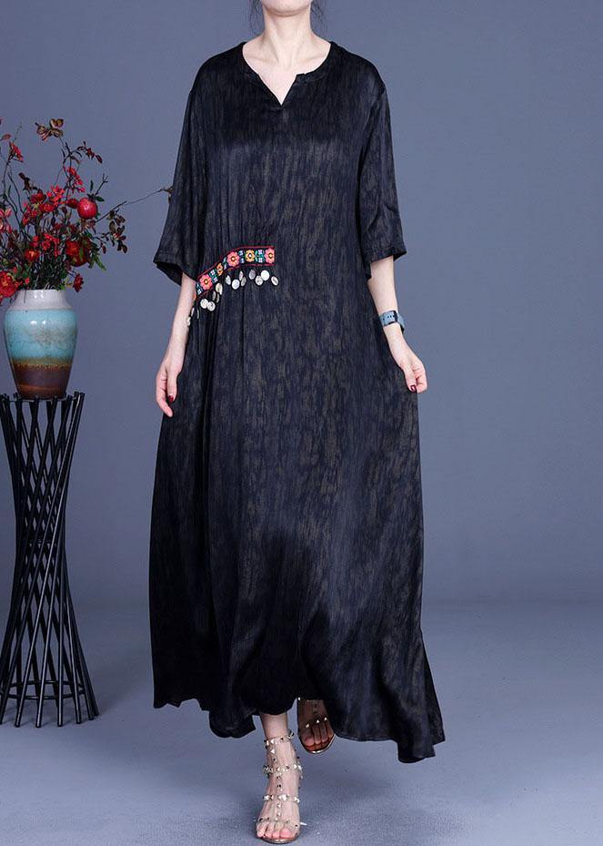 Green Embroidery Summer Silk Long Dress
